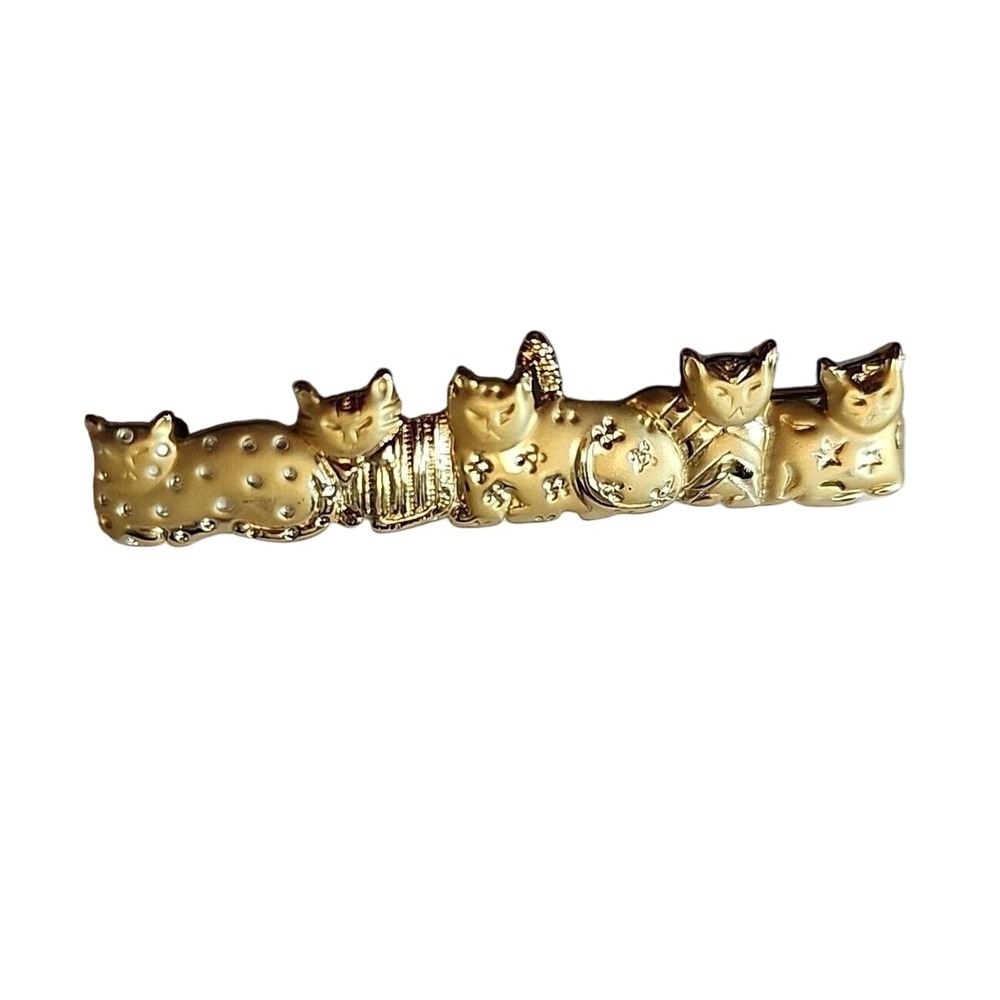 Vintage Signed AJC Kitty Cat Brooch Bar‎ Gold-Tone Five Cats Textured 2.75 in